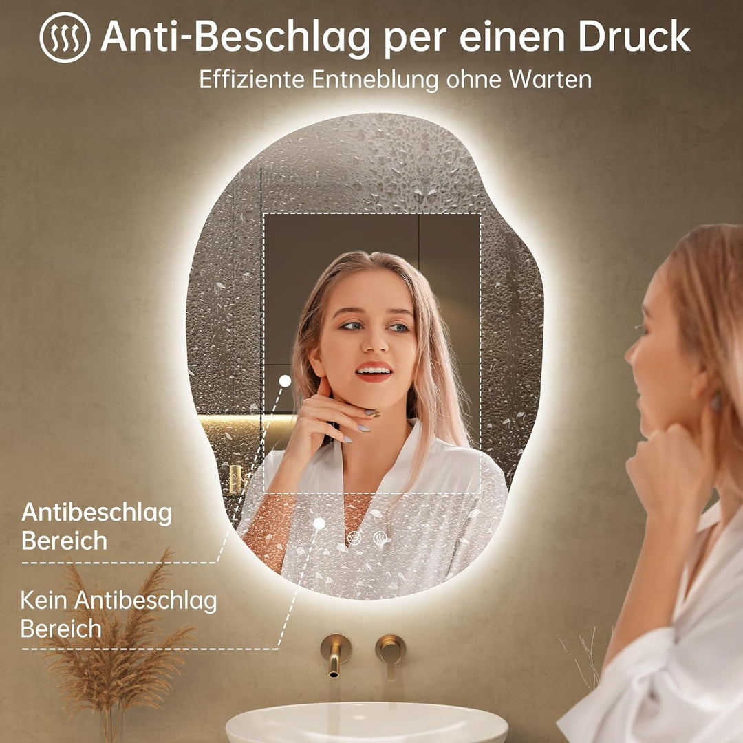 Spiegel mit Beleuchtung Asymmetrischer LED Badspiegel 56 x 76 cm mit Touch-Schalter, Dimmbar 3 Licht