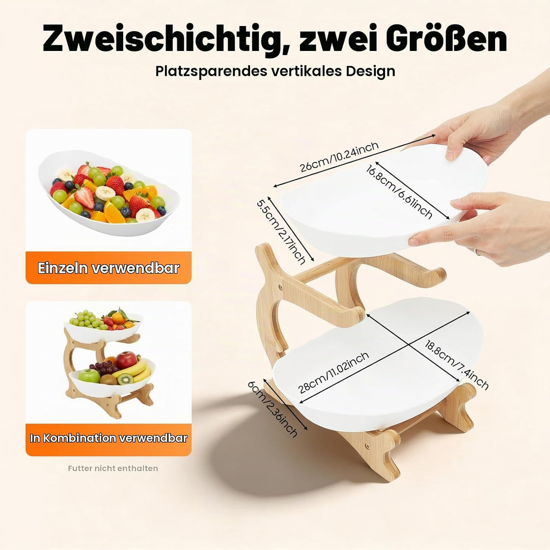 Obstschale Obstserviertablett, brotkorb Bambusholzrahmen, 2 lebensmittelechte PP-Schalen, Frisch und