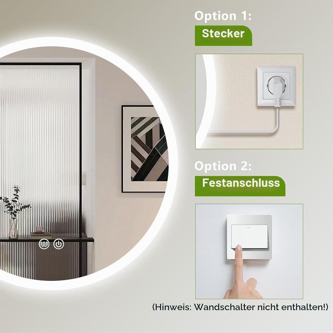 Youyijia Spiegel LED-Badspiegel Rund 70cm Mit Beleuchtung, Touch-Schalter, Dimmbar, 3 Lichtfarben, B