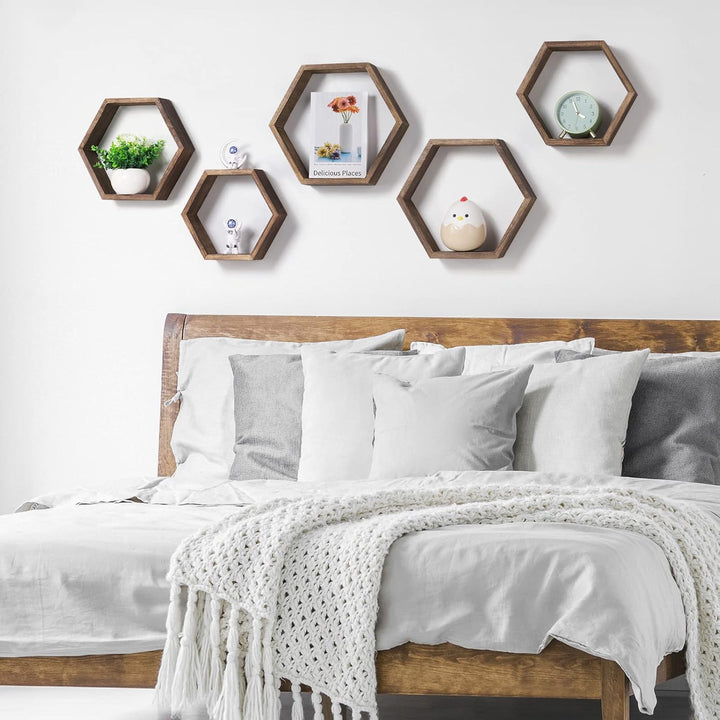 Sechseckige schwebende Regale 6er Set Bauernhaus Waben Wandaufbewahrung Regal Holz Display Sechsecki