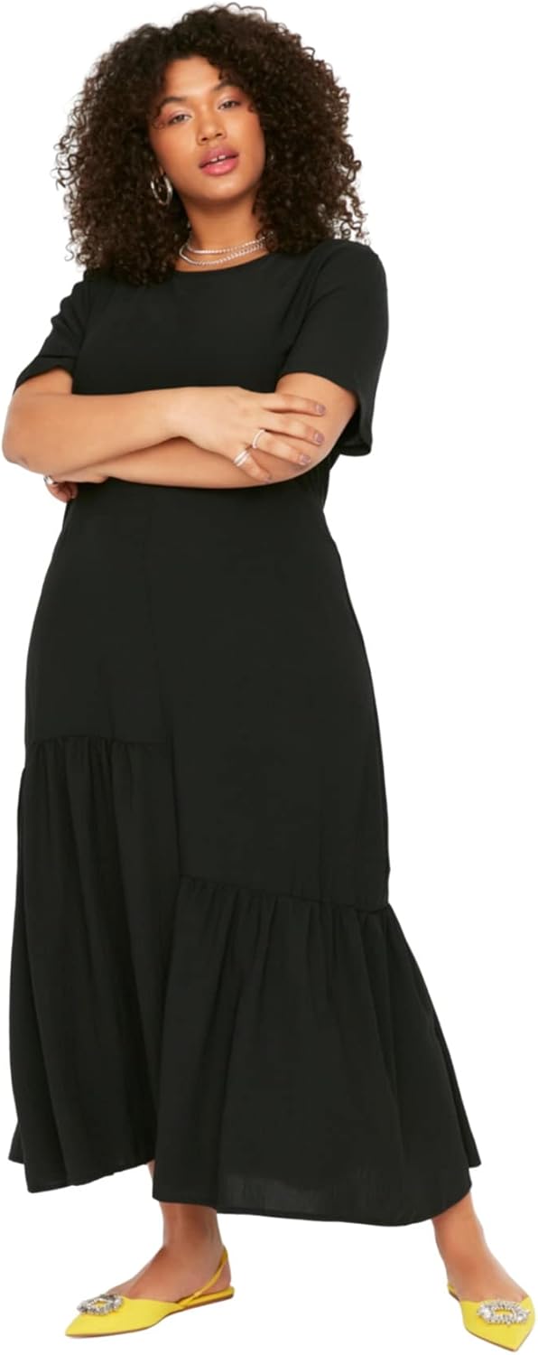 TRENDYOL Damen Women Ruffle Hem Dress Maxi Rüschen Saum Oversize Woven Plus Size Kleid 42 Schwarz, 4