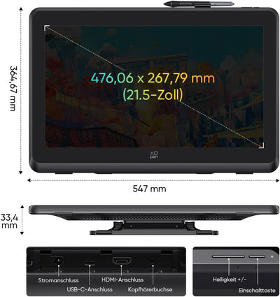 XPPen Artist 22 Plus Grafiktablett mit 16K Druckstufen, 22Zoll Display, Digitales Zeichentablett mit