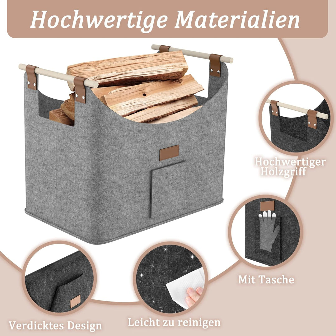 FIVMEN 2X Filztasche für Kaminholz Brennholz Faltbar mit Extra Dicker Filz und Verstärkter Holzgriff