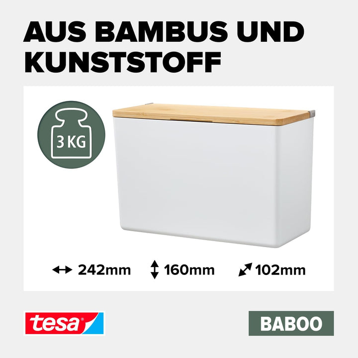 tesa® Baboo XL Badorganizer mit Bambus-Deckel, matt-weiss - Bad-Aufbewahrungsbox zur Wandmontage ohn