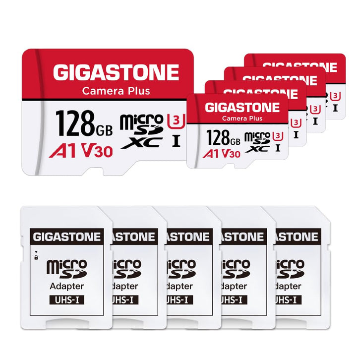 Gigastone Kamera Plus 128GB MicroSDXC Speicherkarte 5-Pack + SD Adapter, für Action-Kamera und Drohn