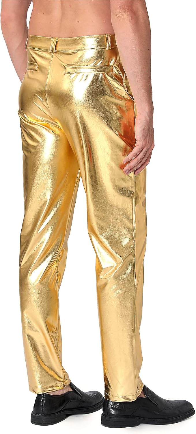 COSAVOROCK Herren 70er Jahre Disco Hose Metallic Glänzend Hosen 30W Gold, 30W Gold