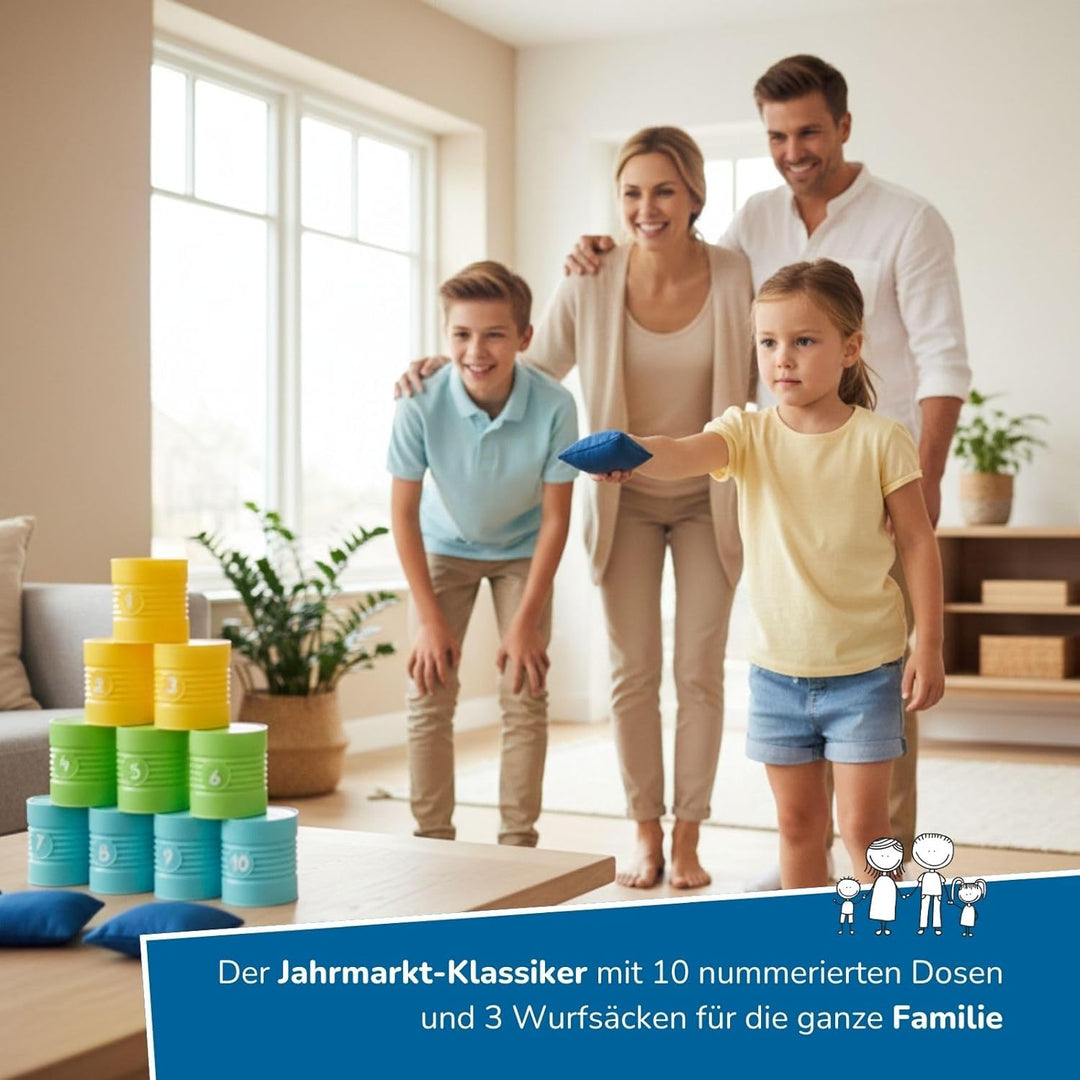 alldoro 60069 Dosenwerfen, Dosen-Wurfspiel, 10 nummerierte Kunststoff-Dosen & 3 Wurfsäckchen, für Ki