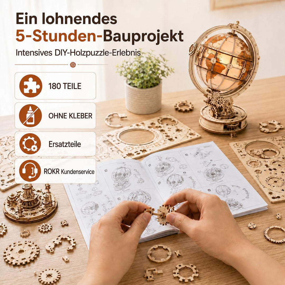 ROKR Holzpuzzle Erwachsene 3D Holz Puzzle Modell Mit Globus Modellbau, 180 Teilen, Luminous Globe