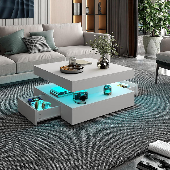 KEEPREAPER Couchtisch LED, Wohnzimmertisch mit 2 Schubladen für Wohnzimmer 78 x 78 x 40cm (Weiss), W