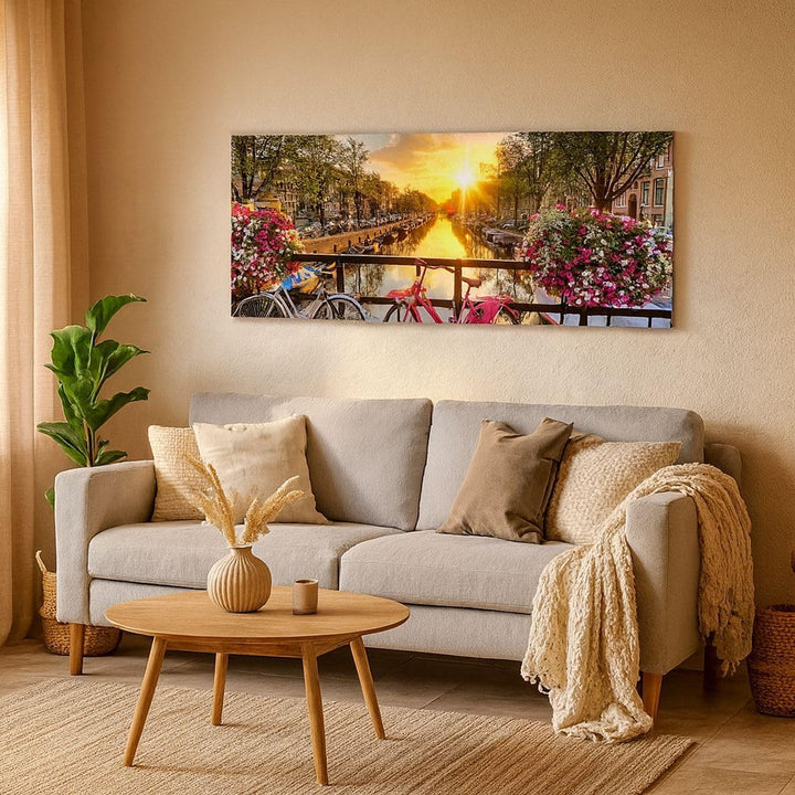 ARTTOR Wandbilder Dekoration Wohnzimmer Bikes Kanal Amsterdam Architektur Bilder auf Leinwand 120x50