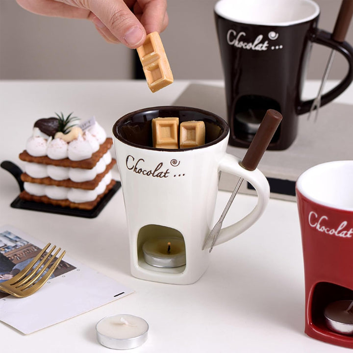 Schokoladen-Fonduetasse mit Gabeln, 130 ml, Schokoladenschmelzbecher, Keramik-Butterwärmer, Set, per