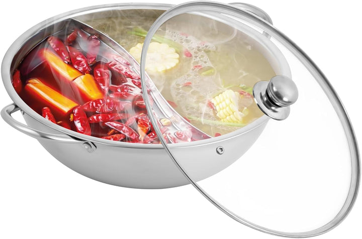 TONFEION Hot Pot Topf Dualer Hotpot heisser Topf Edelstahl mit Glasdeckel und Unterteilungen, Doppel