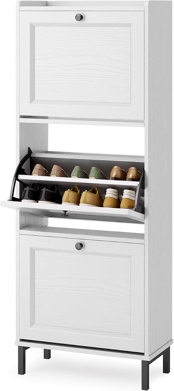 3-Klappen-Schuhschrank, schmaler Holzschrank mit verstellbaren Trennwänden für 14–18 Paar, ideal für