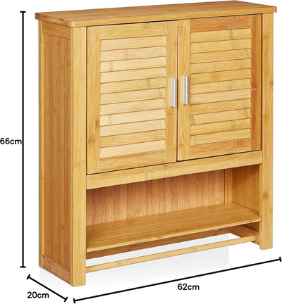 Relaxdays Hängeschrank LAMELL Bambus, mit Handtuchhalter, 3 Ablagen, 2 Türen, Badschrank, HBT: 66 x