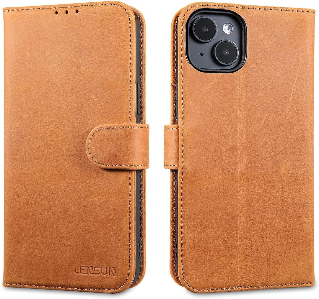 LENSUN Echtleder Hülle für iPhone 15 Plus, Handyhülle [Premium Echtes Leder][Magnetverschluss][RFID