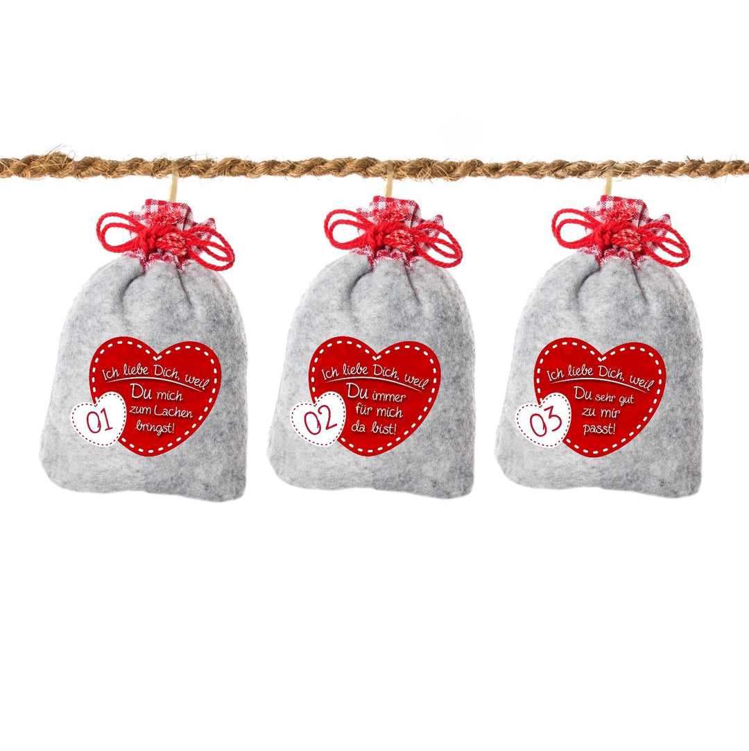 24 Adventskalender Säckchen aus Filz mit 24 Gründen ICH LIEBE DICH, WEIL ... inkl. Schnur (für Erwac