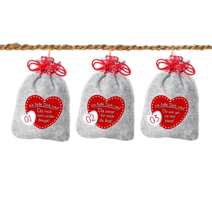 24 Adventskalender Säckchen aus Filz mit 24 Gründen ICH LIEBE DICH, WEIL ... inkl. Schnur (für Erwac