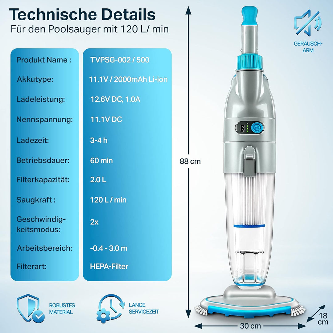 tillvex Poolsauger mit Akku | Pool Bodensauger Teleskopstange elektrisch | Poolreiniger mit Filter &amp;