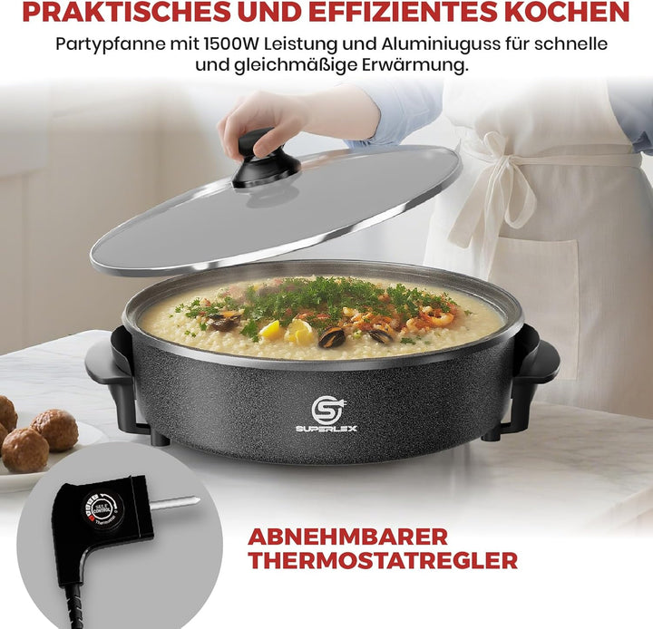 SUPERLEX MultifunktionalePfanne 9,6 Liter, Elektrische Multipfanne mit Deckel 42x7 cm 1500Watt, Elek