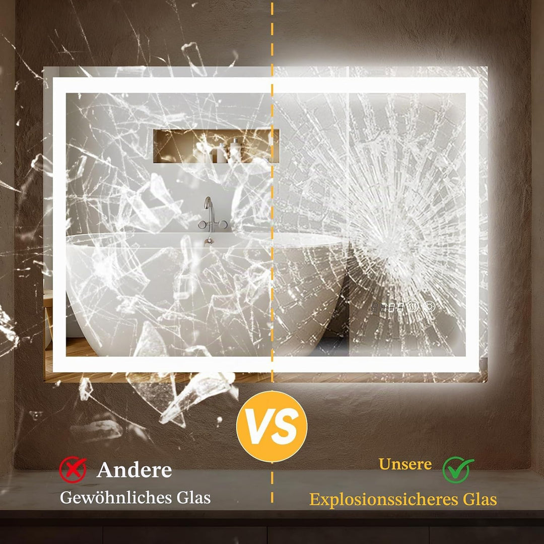 Clevich Badspiegel mit Beleuchtung und Uhr 80×60 cm, LED Spiegel mit 3 Lichtfarben dimmbar, gehärtet