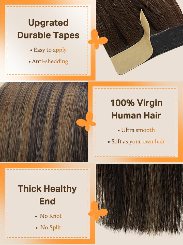 DOORES Tape in Extensions Echthaar, Balayage Natürliches Schwarz bis Hellblond 35cm (14zoll) 50g 20p