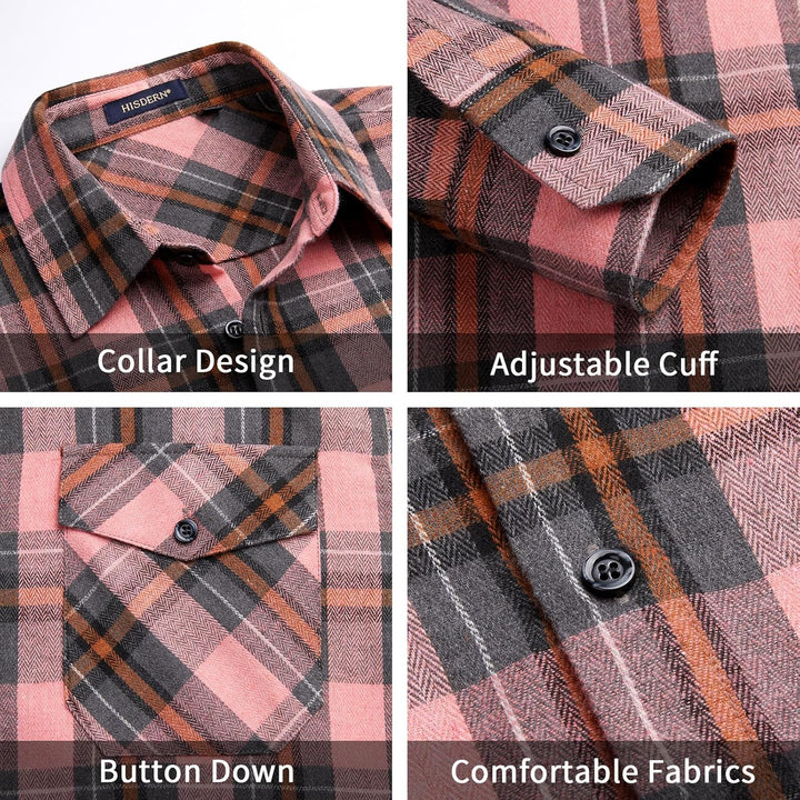 HISDERN Herren Hemd Checked Flanell Shirt, Herren Langarm Oberteil für Männer mit Brusttaschen, Butt