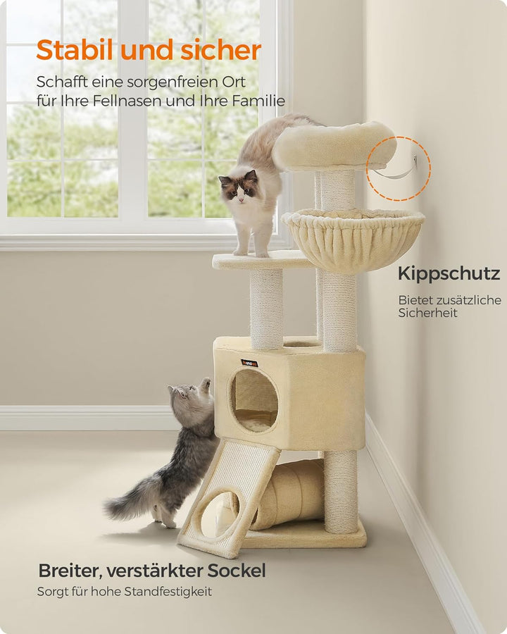 Feandrea Grosser Kratzbaum, M Katzenbaum, mit Höhle, Hängematte, Plüschplattform, Tunnel, Sisalstämm