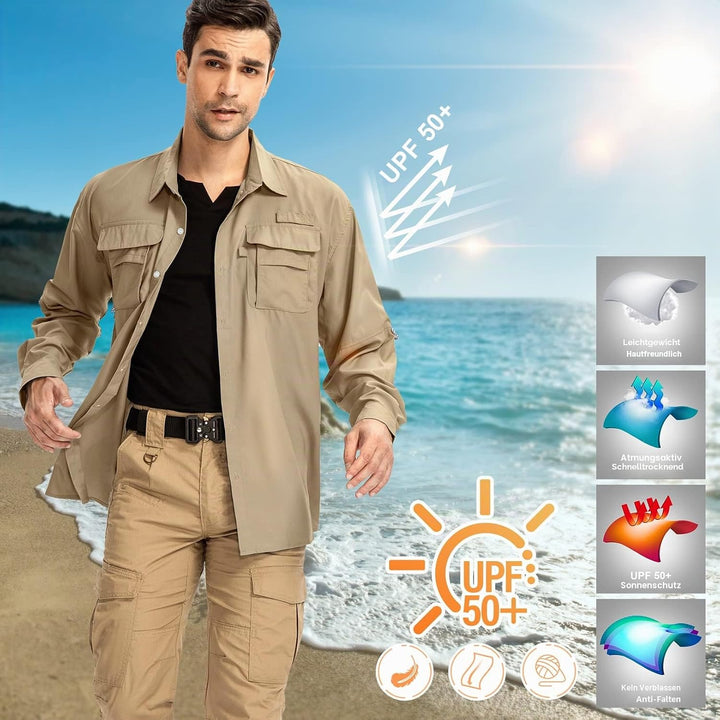 yeyity Outdoor Hemd Herren Langarm Safari Hemd UPF50 UV Schutz Funktionshemd Atmungsaktiv Button Dow