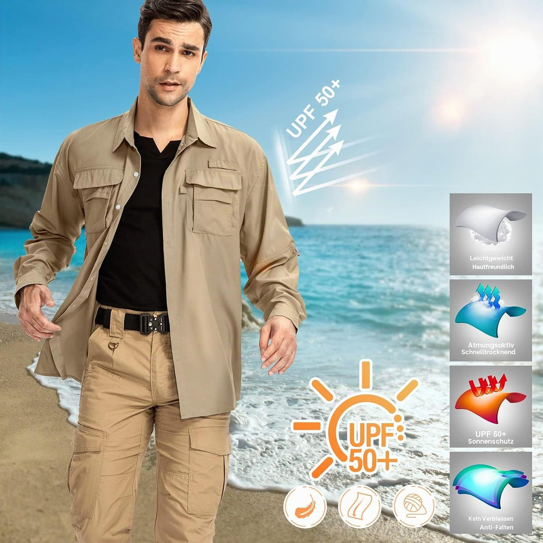 yeyity Outdoor Hemd Herren Langarm Safari Hemd UPF50 UV Schutz Funktionshemd Atmungsaktiv Button Dow