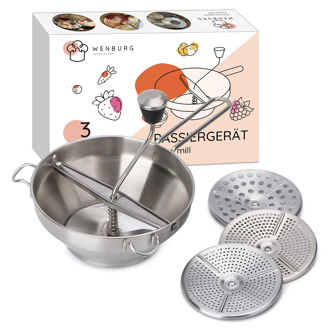 Wenburg Passiergerät - Passiermühle aus Edelstahl, inkl. 3 Siebeinlagen. Spülmaschinengeeignet. Pass