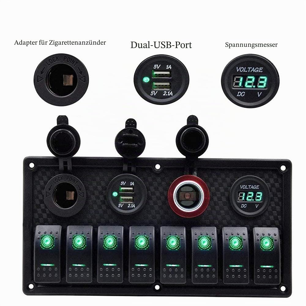 KAOLALI 12V/24V Schalter Panel Boot 8 Schaltern Kippschalter Panel Boote Zigarettenanzünder 12 V 3,1