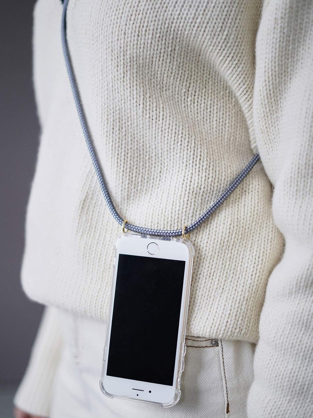 KNOK Premium Handykette für Apple iPhone 16 Plus, Grau, transparent | Silikonhülle mit fest verbunde