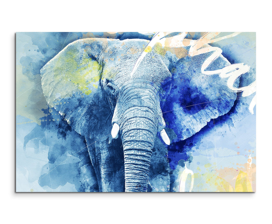 Paul Sinus Art Bild Leinwand 120x80cm Mächtiger Elefant in Blautönen mit Kalligraphie, 120x80cm