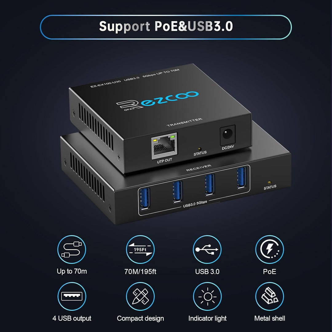 USB 3.0 Extender 229ft 70m 4-Port Extender über Cat5e Cat6 RJ45 LAN Verlängerung POE 5V Niedriger St