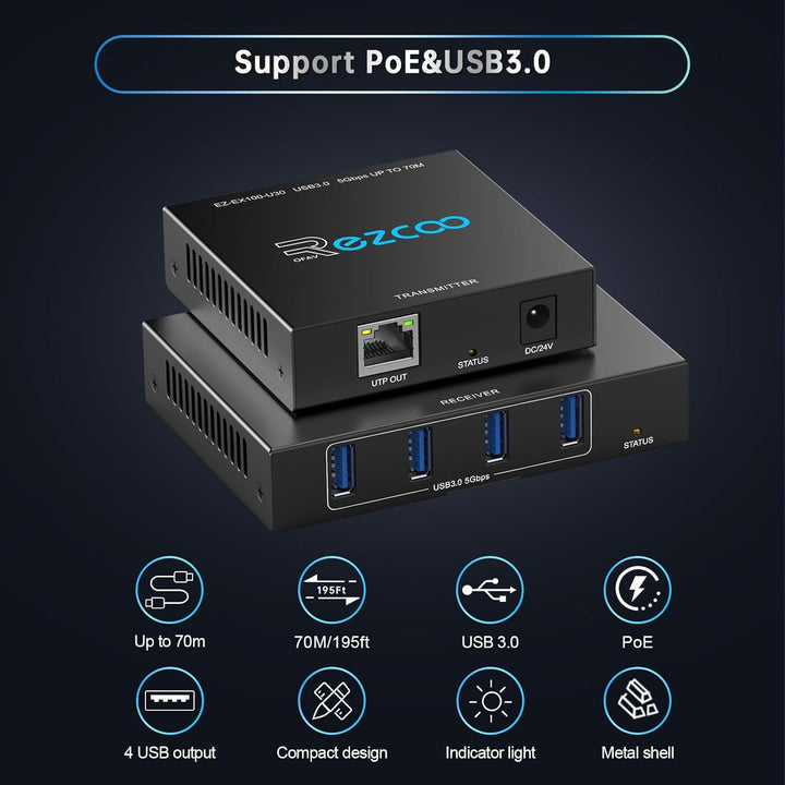 USB 3.0 Extender 229ft 70m 4-Port Extender über Cat5e Cat6 RJ45 LAN Verlängerung POE 5V Niedriger St
