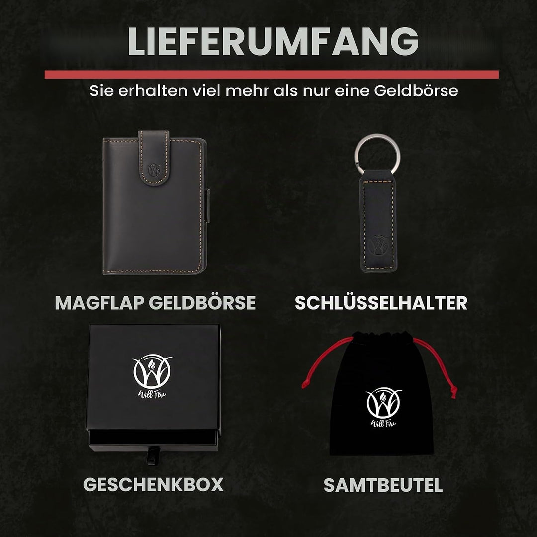 WillFire® MagFlap | Geldbörse Herren | Extra Schlüsselanhänger | Leder Kartenetui für 10-12 Karten |