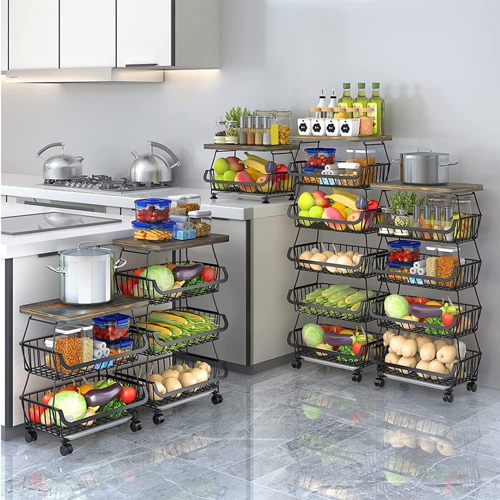 homewell 4-stufiger Gemüsekorb Obstkorb aus Kohlenstoffstahl, für Brot, Gemüse, Snacks und Obst, Pla