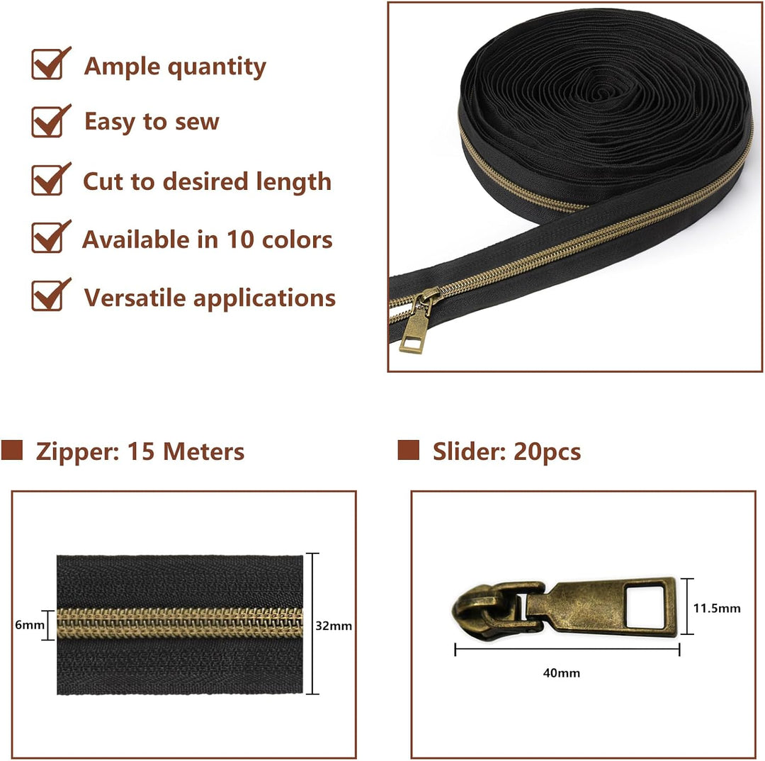 Sonekin 15 M Endlosreissverschluss mit Zipper (Schwarz + Antikbronze) | Einfach zu Montieren, Leicht