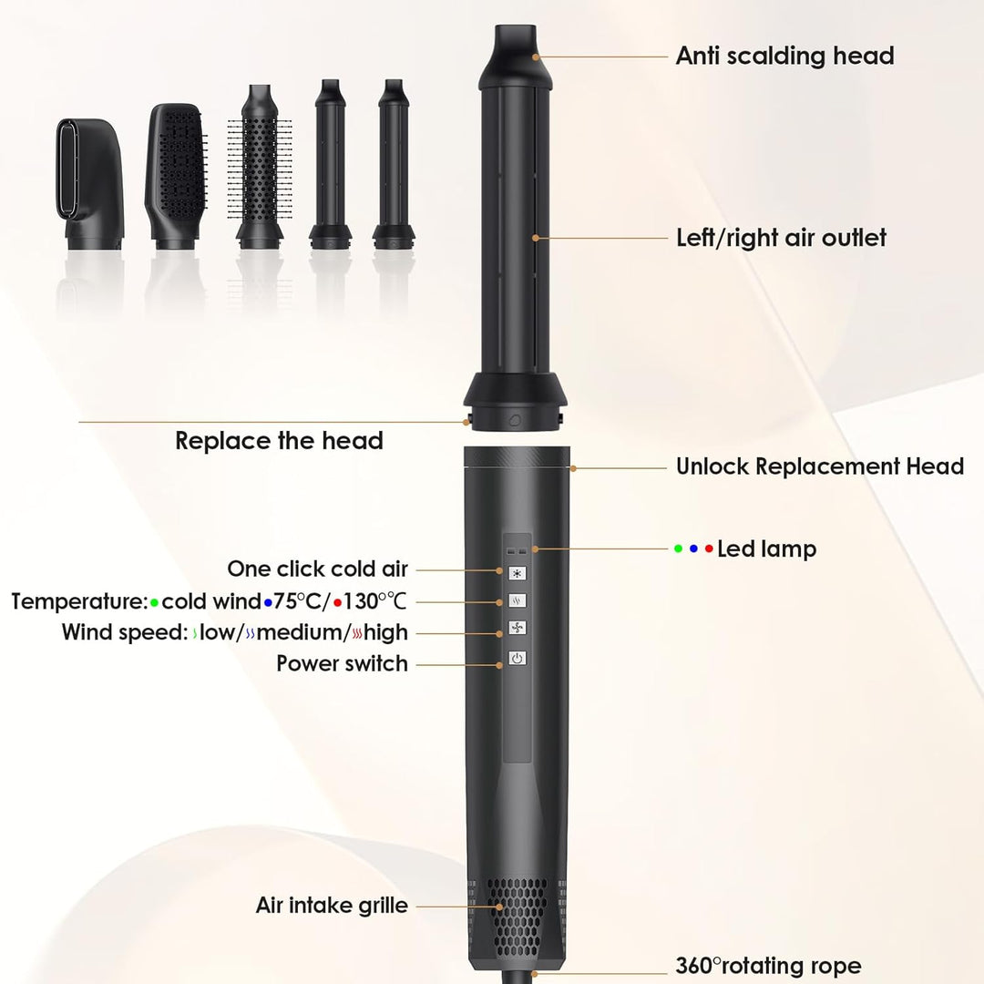 Airstyler Set 5in1, Professioneller Warmluftbürste Set 1300W,Multifunktionaler Hairstyler,Lockenstab