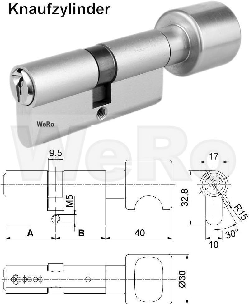 für gleichschliessendes SET/Längen frei kombinierbar Knaufzylinder A:50mm B:35K Knaufzylinder A:50 B
