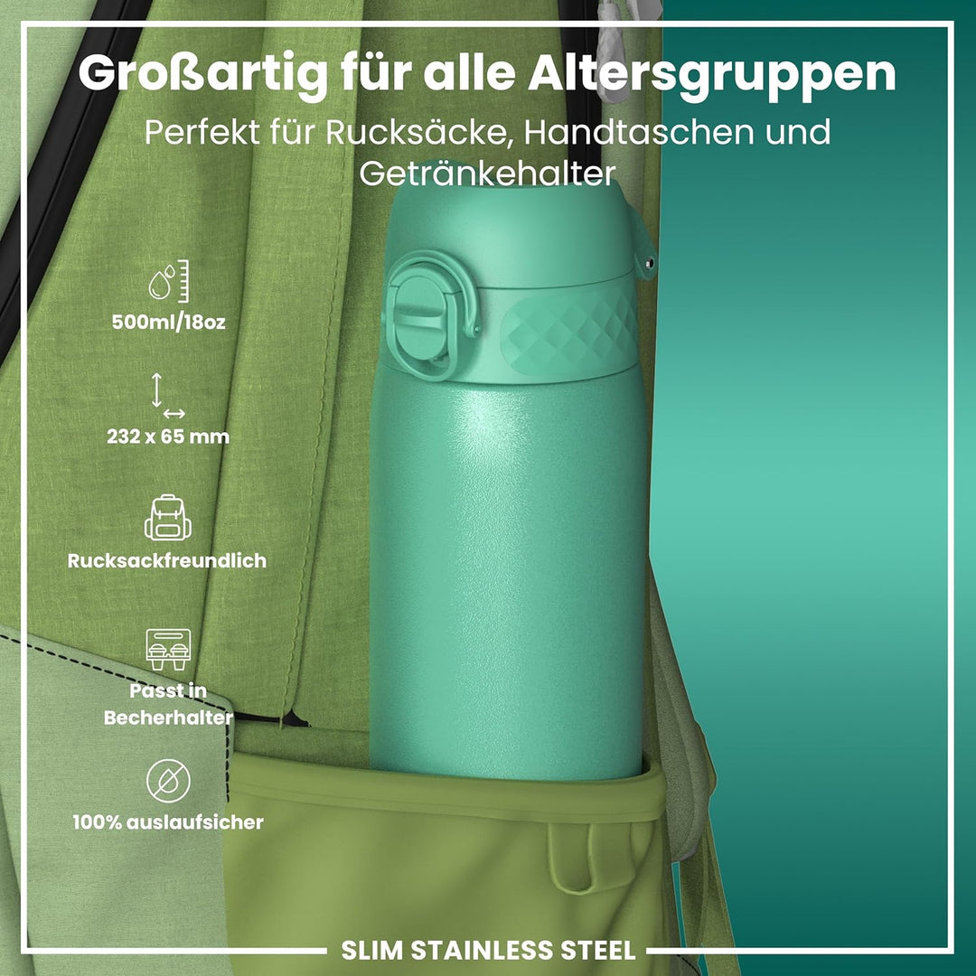 Ion8 Stahl-Trinkflasche, 600 ml, Auslaufsicher, Einhandöffnung, Sichere Verriegelung, Spülmaschinenf