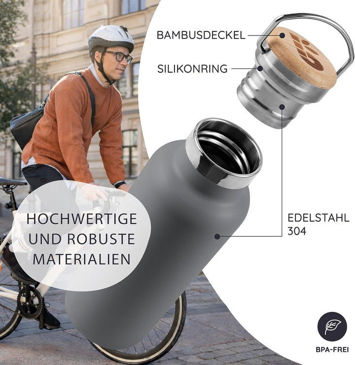 Bambaw Trinkflasche Thermo 1l, Thermosflasche Grau, Edelstahl Trinkflasche, Wasserflasche 1l, Metall