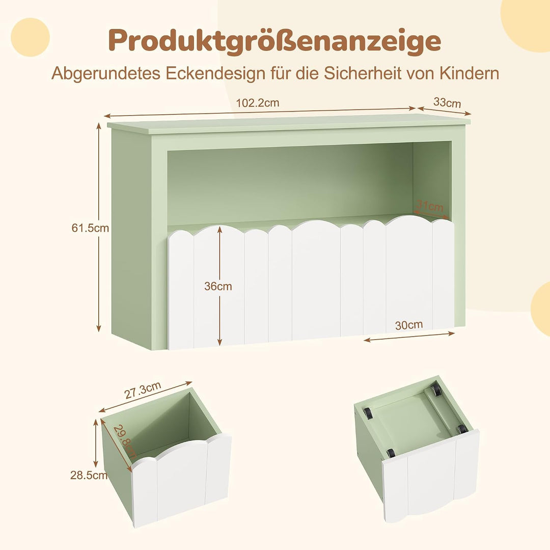 YOUDENOVA Kinderregal mit 3 Boxen &amp; Rollen, 102,2x33x61,5 cm Premium Spielzeugaufbewahrung und Büche