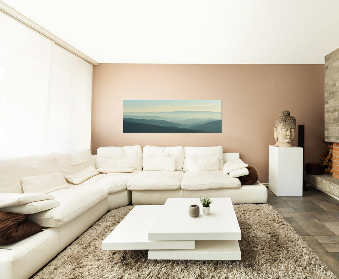 Paul Sinus Art Panoramabild auf Leinwand und Keilrahmen 150x50cm Berge Wald Nebel Dämmerung