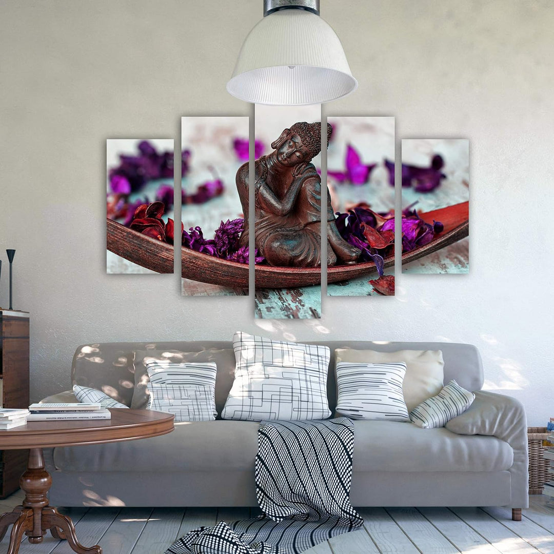 Feeby Bilder Buddha 200x100 cm Leinwandbild 5 Teilig XXL Kunstdruck modern Blumen violett Leinwandbi