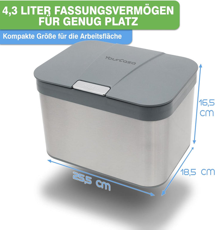 YourCasa® Biomülleimer Küche 4,3 L aus Edelstahl - geruchsdichter Bio Mülleimer mit Deckel & spülmas