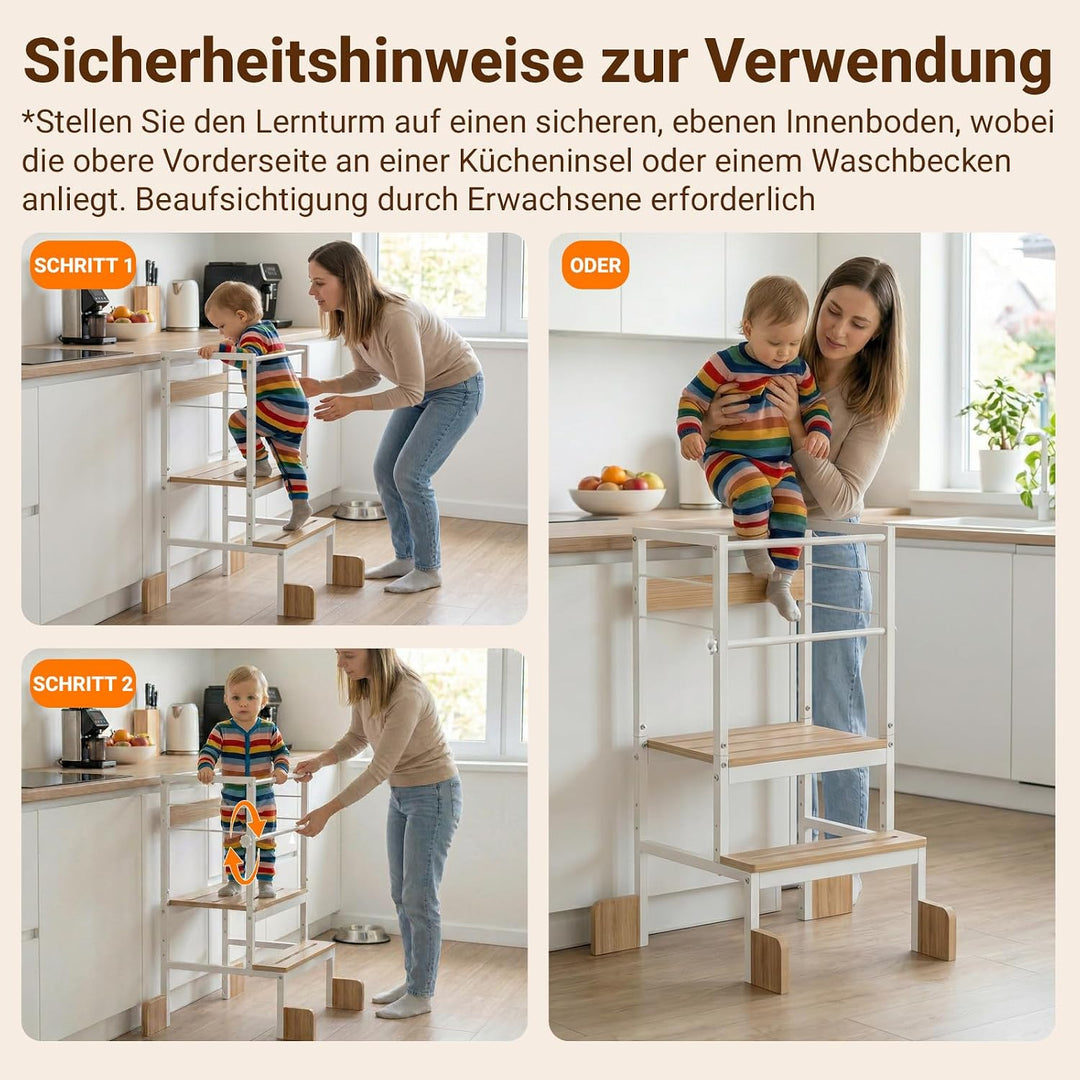 COSYLAND Lernturm ab 1 Jahr Montessori Learning Tower Stahl Stabil, Weiss | Stabiler Toddler Tower m