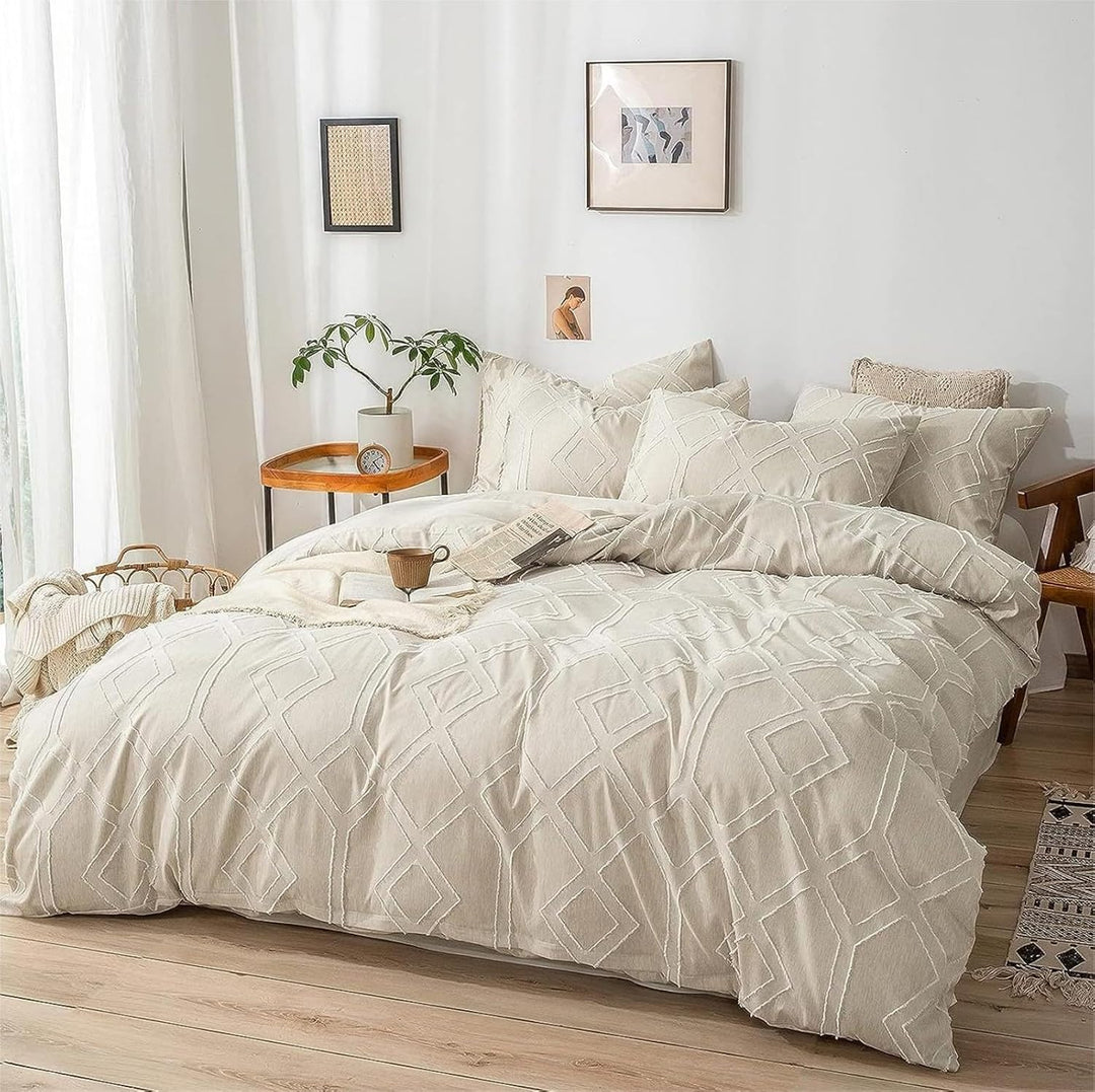 Freyamy BohoBettwäsche 135x200cm Getuftet Geometrische Beige Bettwäsche-Set Stickerei Modern Chic Mi