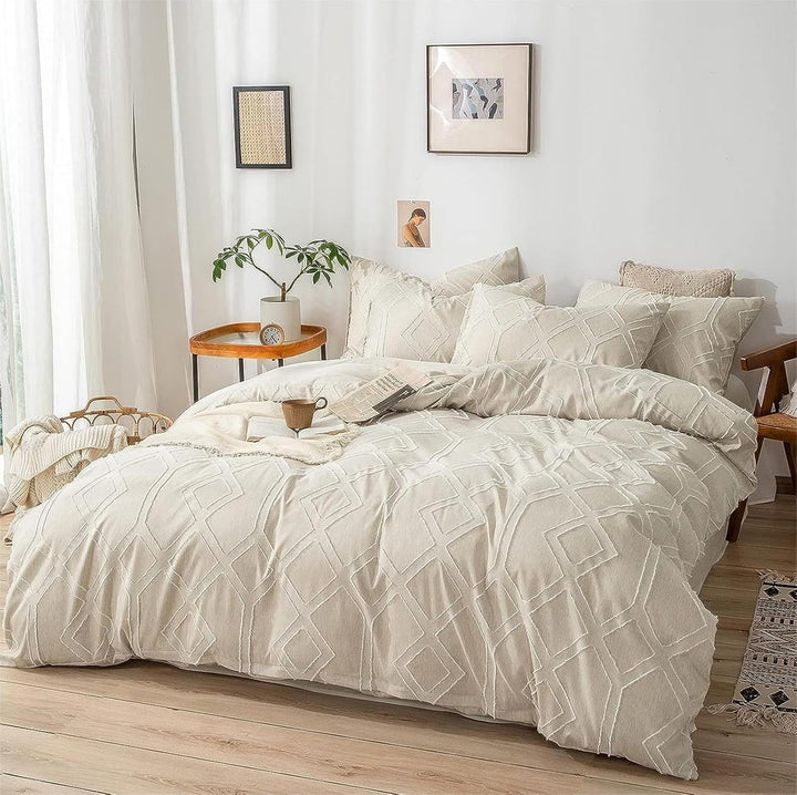 Freyamy BohoBettwäsche 135x200cm Getuftet Geometrische Beige Bettwäsche-Set Stickerei Modern Chic Mi