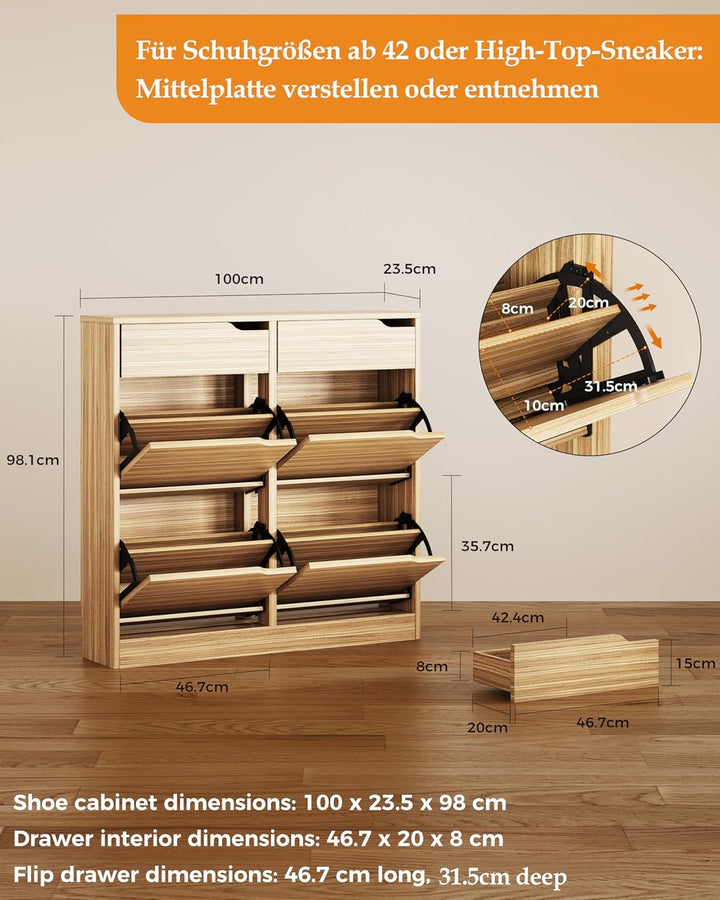 IRONCK Schuhschrank mit 4 Klappen, Schuhkipper Schmal mit 2 Schubladen, freistehendes Schuhregal, Sc
